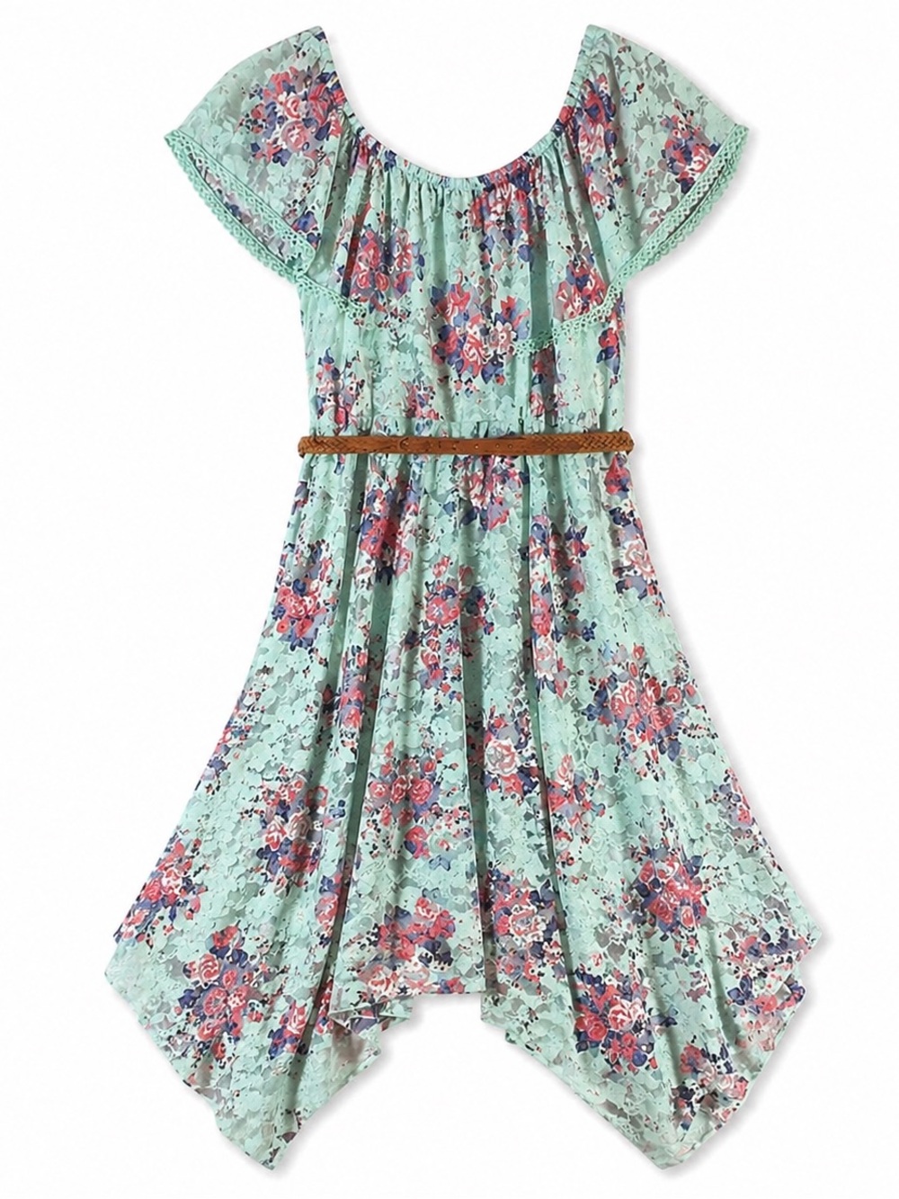 Mint Floral Lace Boho Handkerchief Hem Dress Belted Juniors M 7-9 - Picture 3 of 3